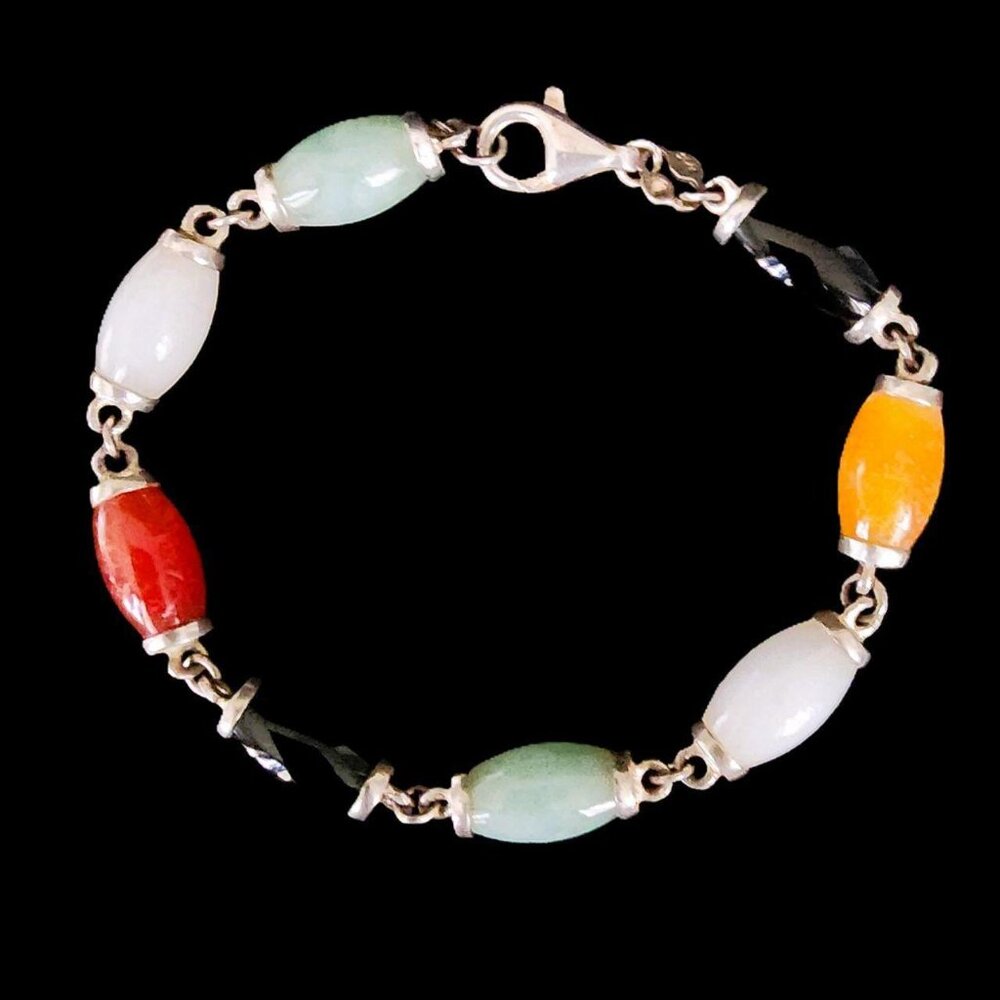 Vintage Sterling Silver Y2K Multi-Color Jade Bracelet